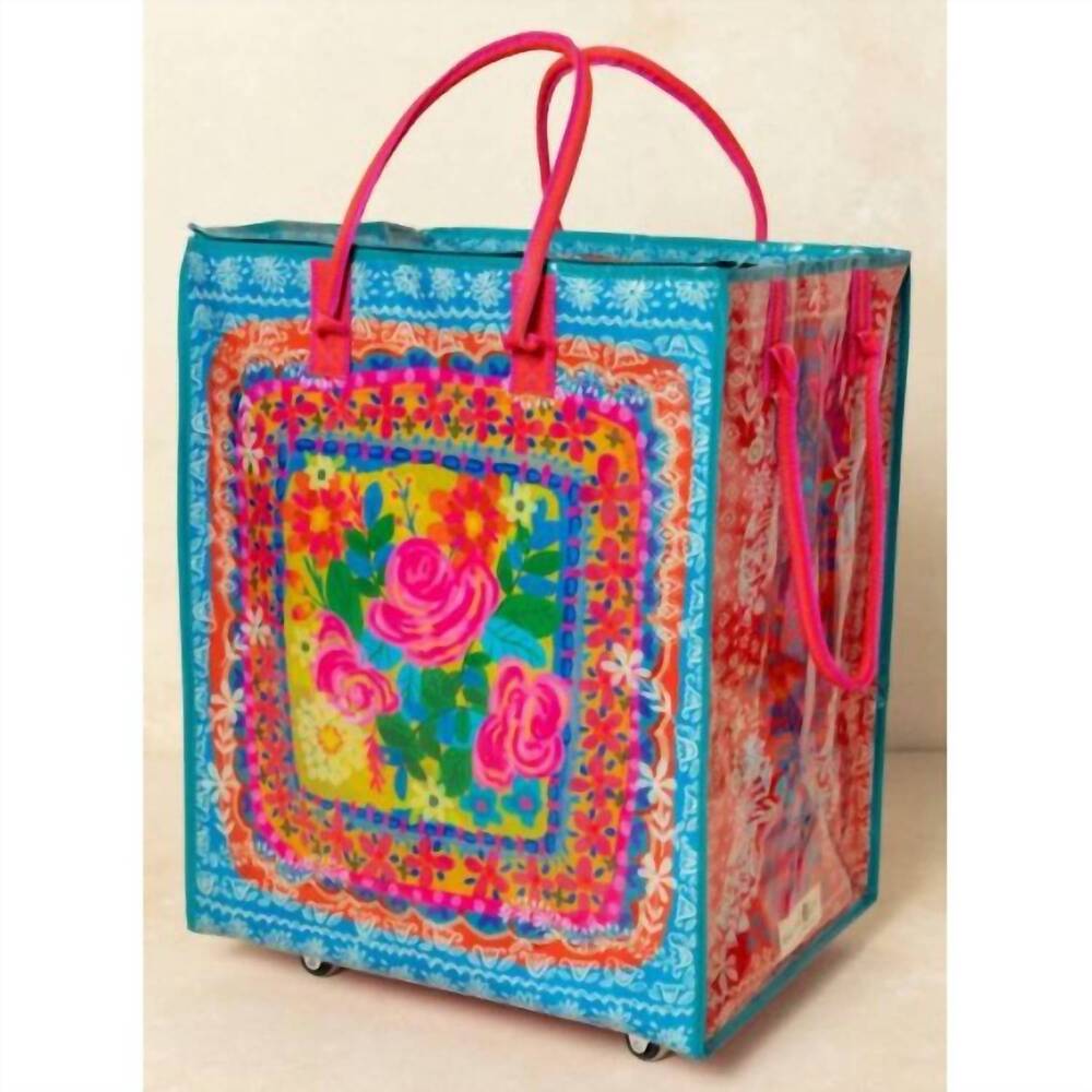 NEW NATURAL LIFE rolling floral tote bag with wheels in teal flower bouquet